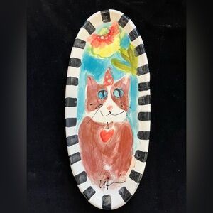 Hand Painted Ceramic Serving Tray” Cat & Daisy Design 13”x5.5”Original Design